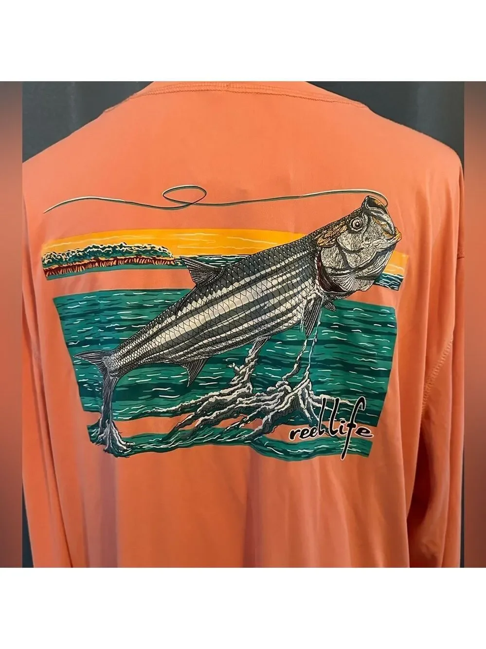 Reel Life XXL Orange Long Sleeve Shirt with a caught fish on back